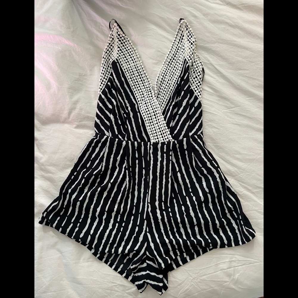 ILLA ILLA Crochet Romper Black and White V-neck